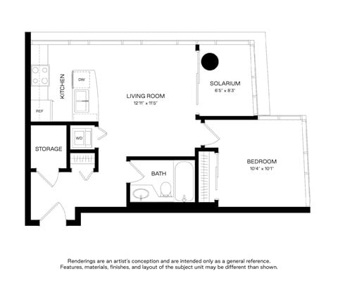 Floor plan for 1 bed, 1 bath, 588 sqft